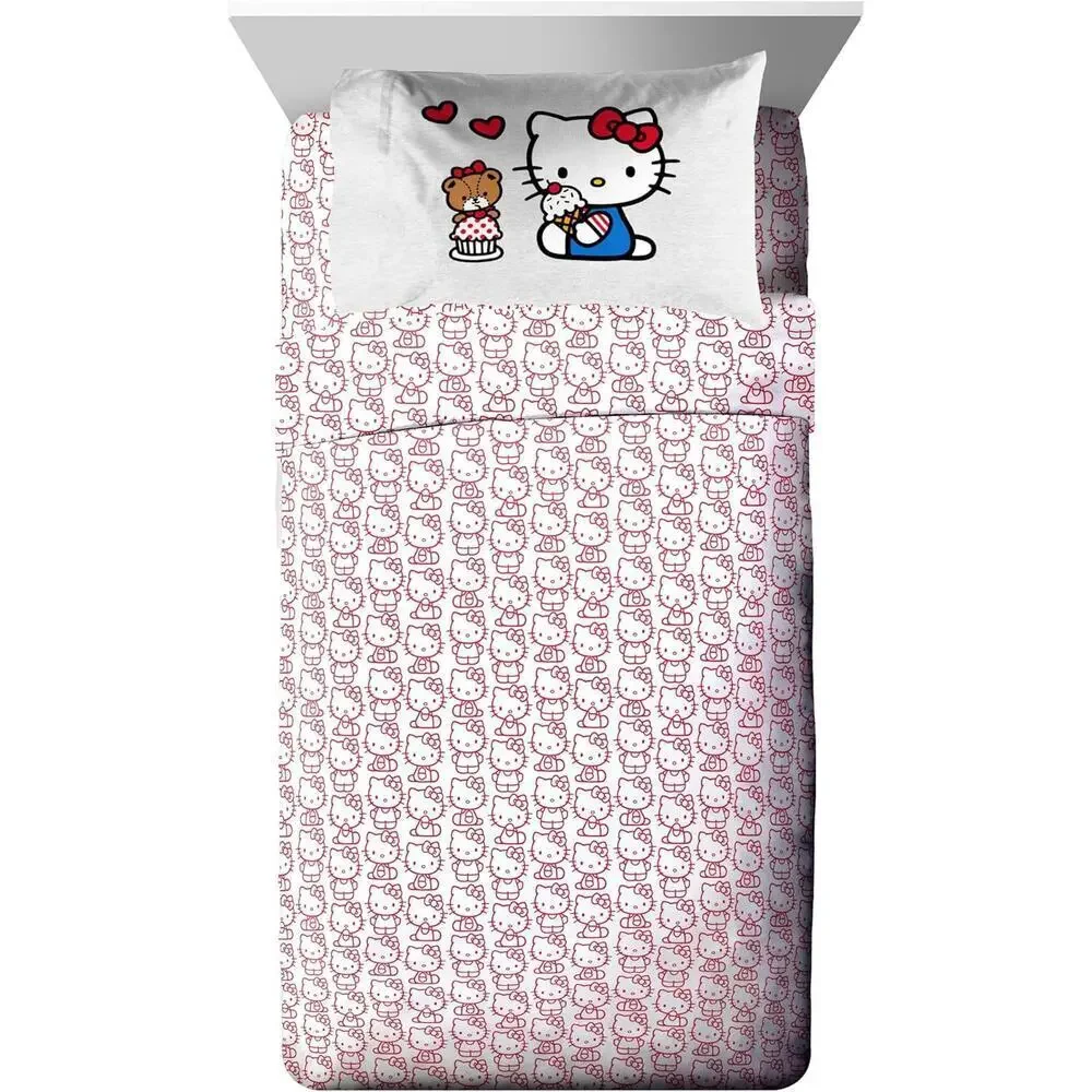 NEW Franco Sanrio Hello Kitty 5 Pc Twin Bedding Comforter & Sheet Set Gray Red